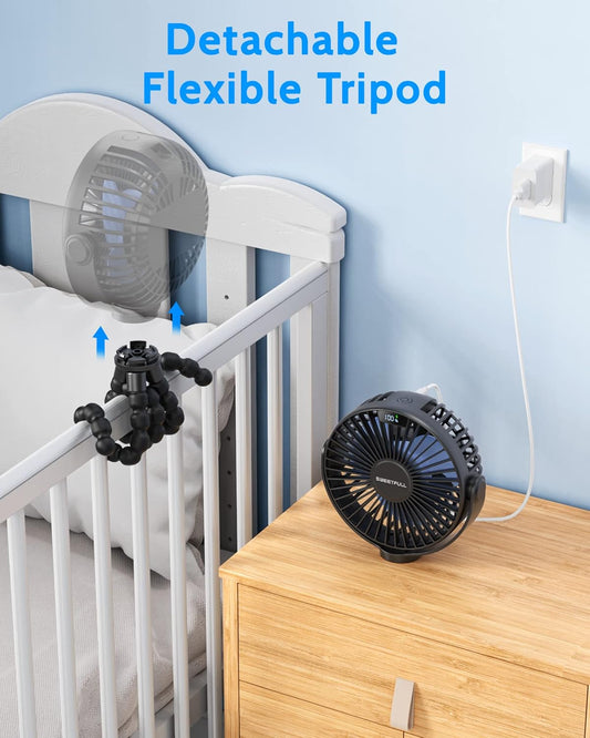 Portable Stroller Fan, with Display 4000Mah Battery Powered Mini Clip on Fan, 4-Speed Rechargeable Small Personal Fan Handheld Desk Cooling Fan for Baby Car Seat Crib Travel Black