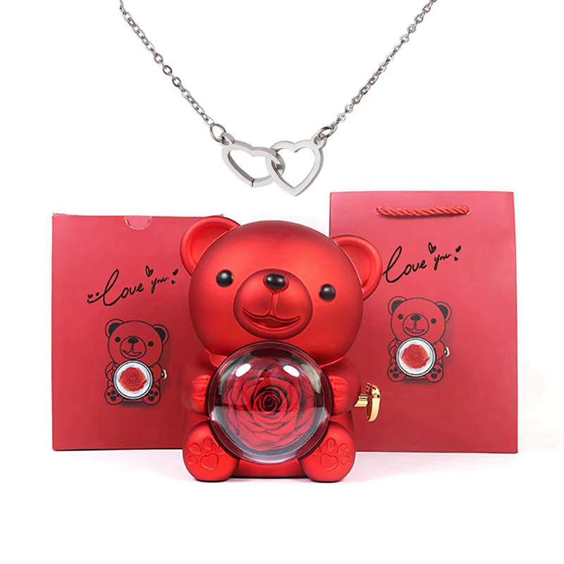 Valentine'S Day Gift Rose Bear with Stainless Steel Custom Names Necklace Jewelry Gifts Set for Woman Christmas Gift