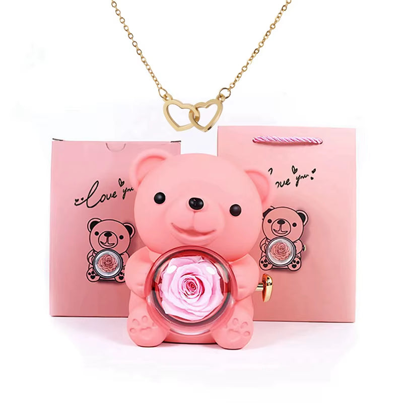 Valentine'S Day Gift Rose Bear with Stainless Steel Custom Names Necklace Jewelry Gifts Set for Woman Christmas Gift