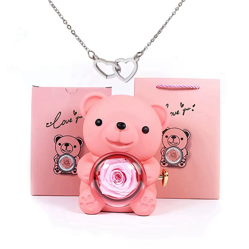 Valentine'S Day Gift Rose Bear with Stainless Steel Custom Names Necklace Jewelry Gifts Set for Woman Christmas Gift