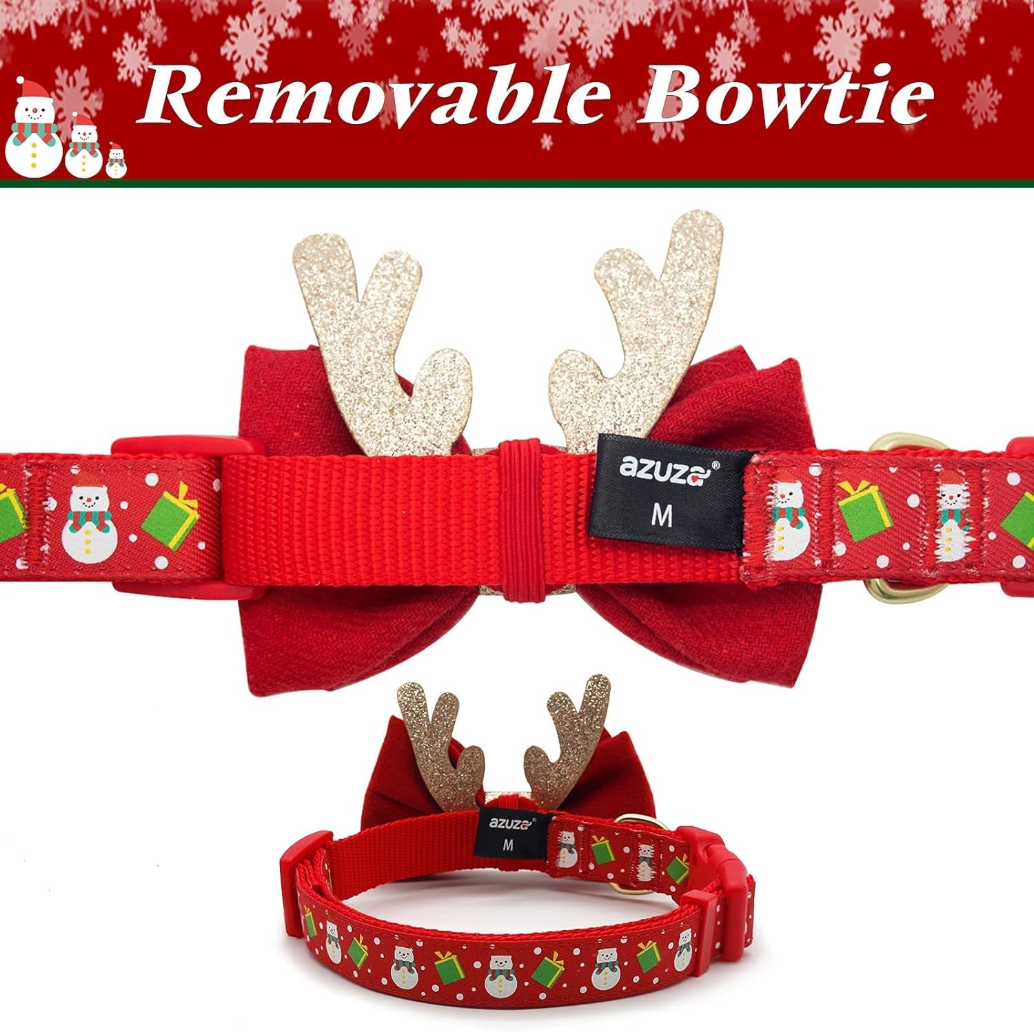 Festive Adjustable Christmas Dog Collar with Antler Bow Tie and Snowman Design for Medium Dogs