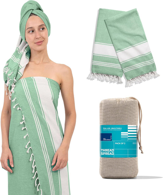 Turkish Cotton Beach Towels 2 Pack - 39" X 71" Quick Dry Sand Free Beach Towels for Adults - Oversized, Lightweight, Thin, Sand Resistant Beach Towels for Girls - Jade Green Chambray